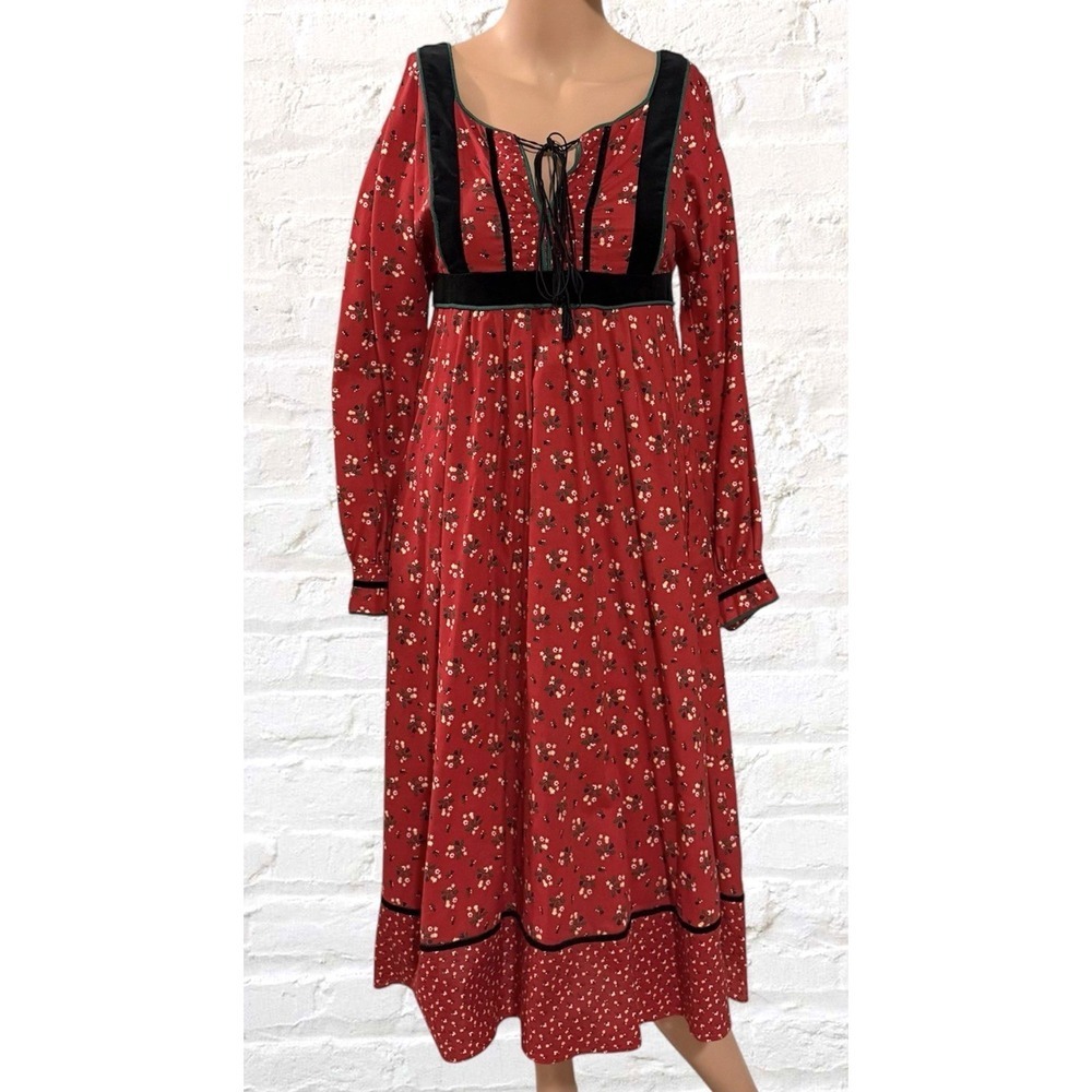 Vintage 70's Gunne Sax Midi Dress XS Red Floral Black Velvet Panels Bavarian